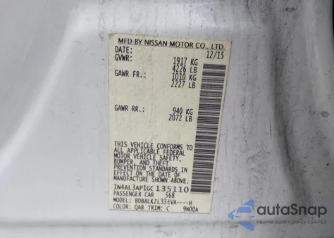 2016 Nissan Altima 2.5 Sv z USA, uszkodzony, nr VIN 1N4AL3AP1GC135110